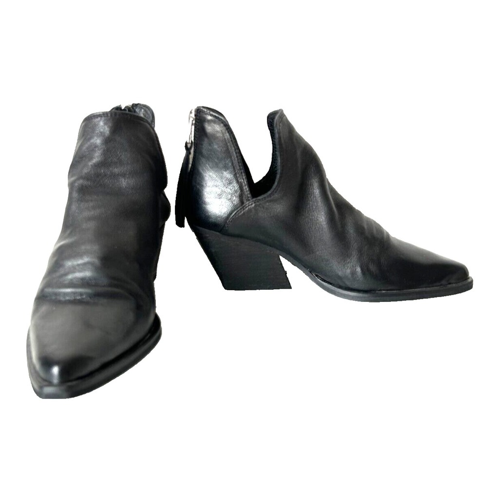 Golo Portugal Black Leather V Cutout Boots 6 Point Toe Western Boho Chunky Heel